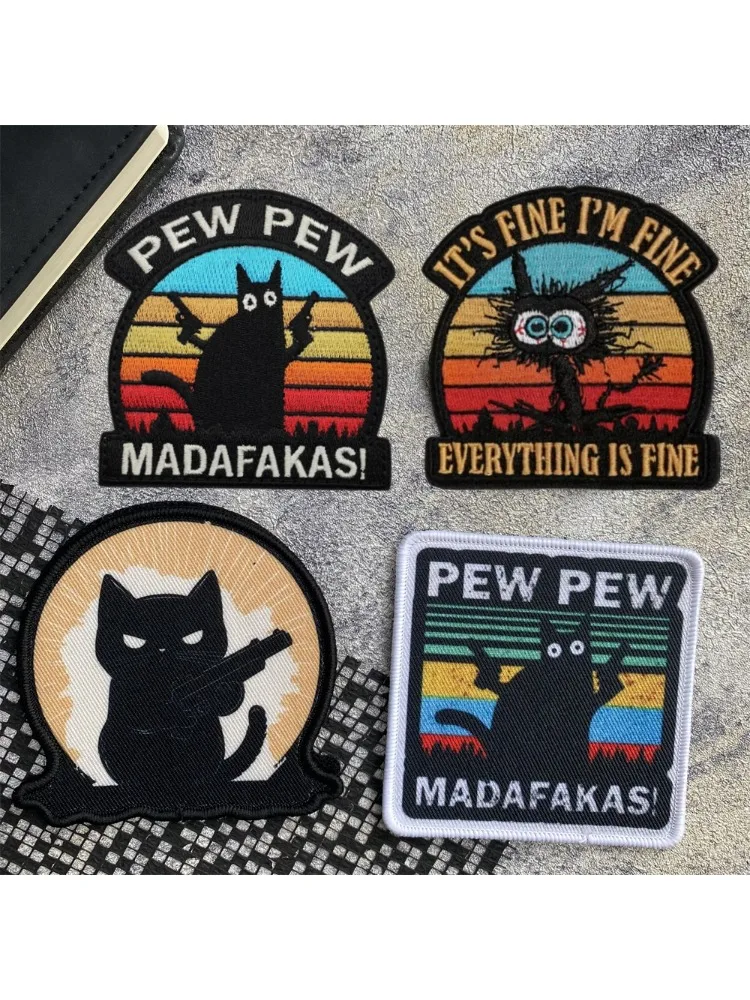 PEW PEW Madafakas AKA chat noir impression tactique moral Badge Patch chats patchs brodés pour vêtements sac à dos crochet autocollant