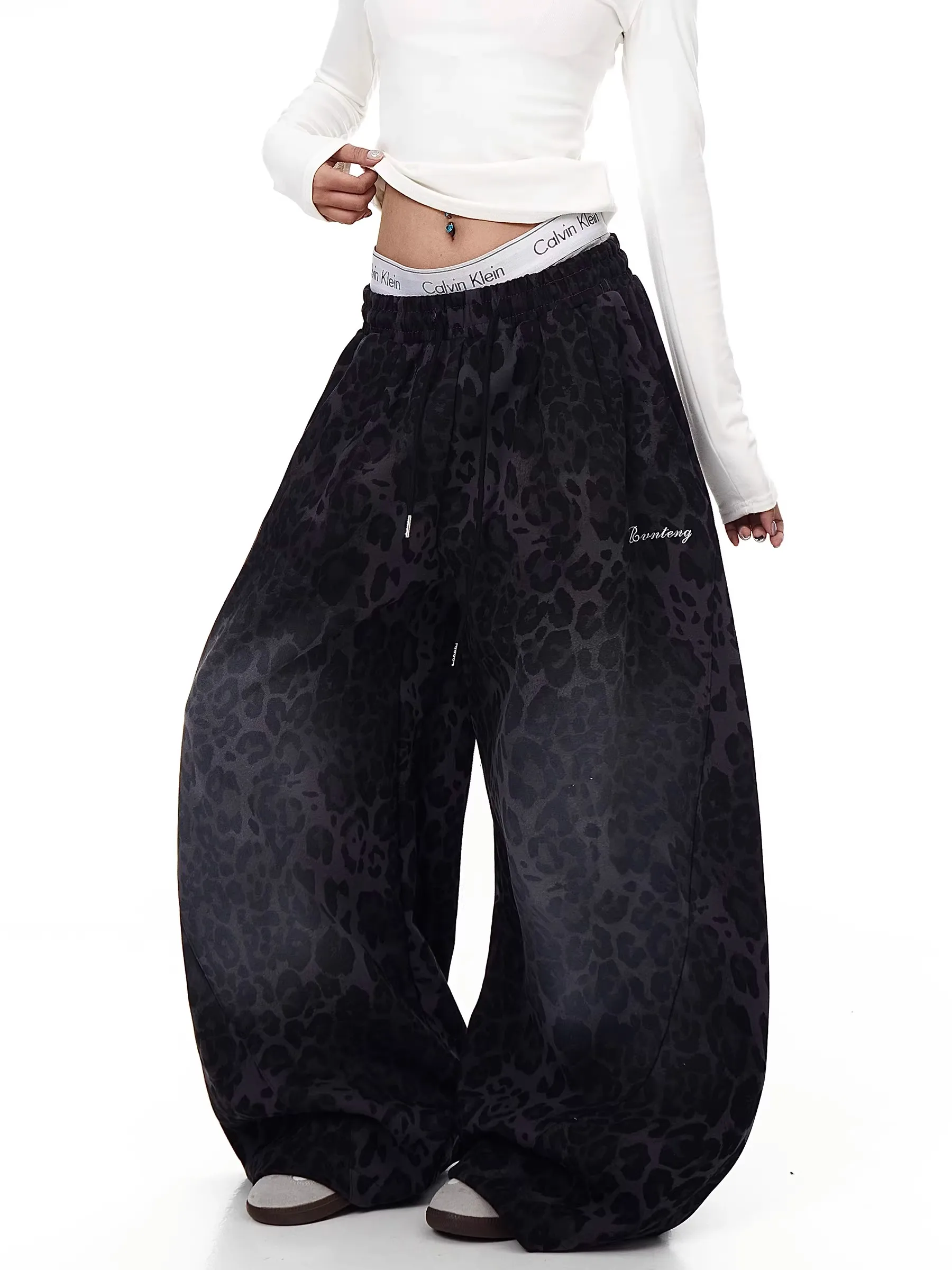 Retro American Gradient Leopard Print Dance Sport Pants Loose Wide Leg Casual Trousers for Women Spring Autumn Fashion Jazz D...