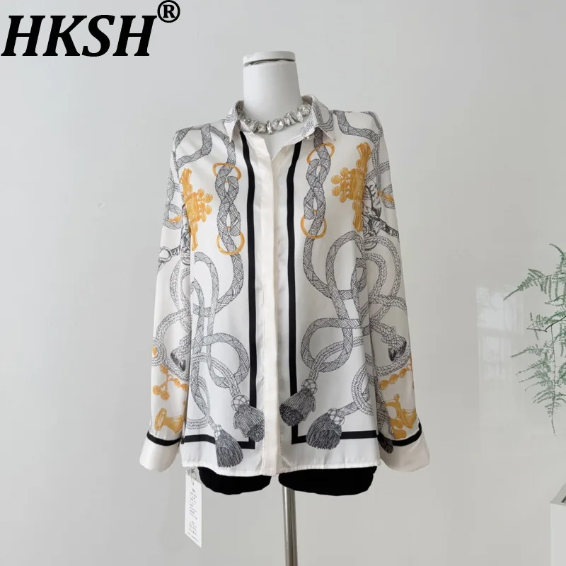 

HKSH Shirt For Women Autumn New Printed Turn-down Collar Long Sleeve Single Breasted Elegant High Street Ins Casual Tops HK10763