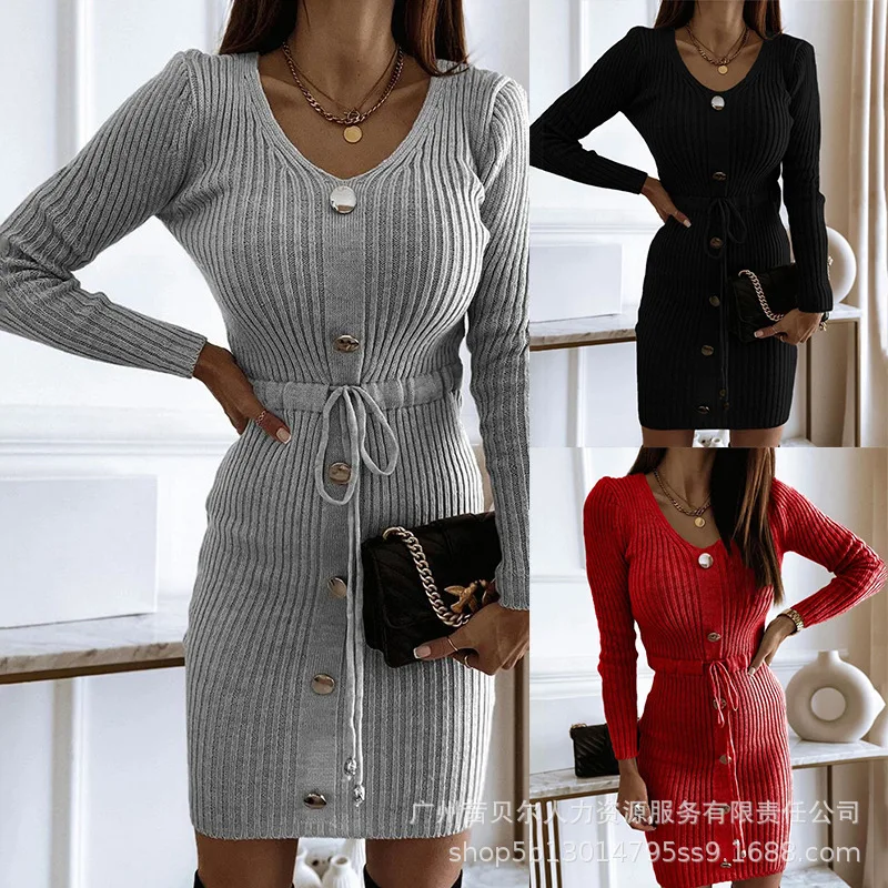

Women V-Neck Long Sleeve Knit Sweater Dress Button Decor Drawstring Waist Mini Dress
