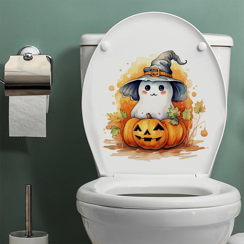 C220# Halloween Pumpkin & Ghost Wall Sticker Bathroom Toilet Decor Living Room Cabinet Refrigerator Home Decoration Decals