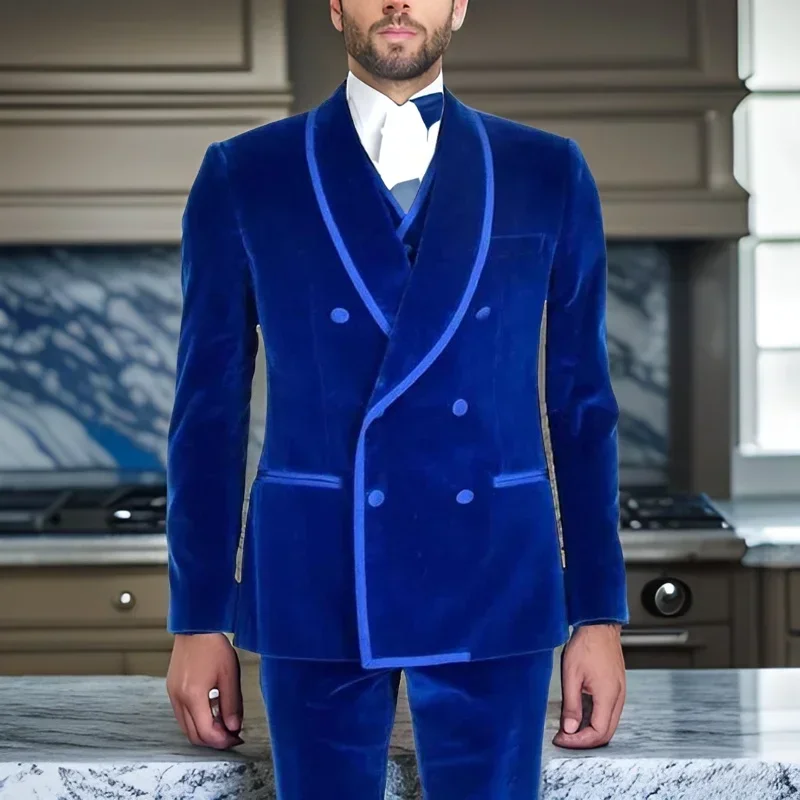 

Men Suits Slim Fit Double Breasted Groom Tuxedos For Wedding Royal Blue Velvet Smoking Jacket ( Blazer +Pants+Vest )