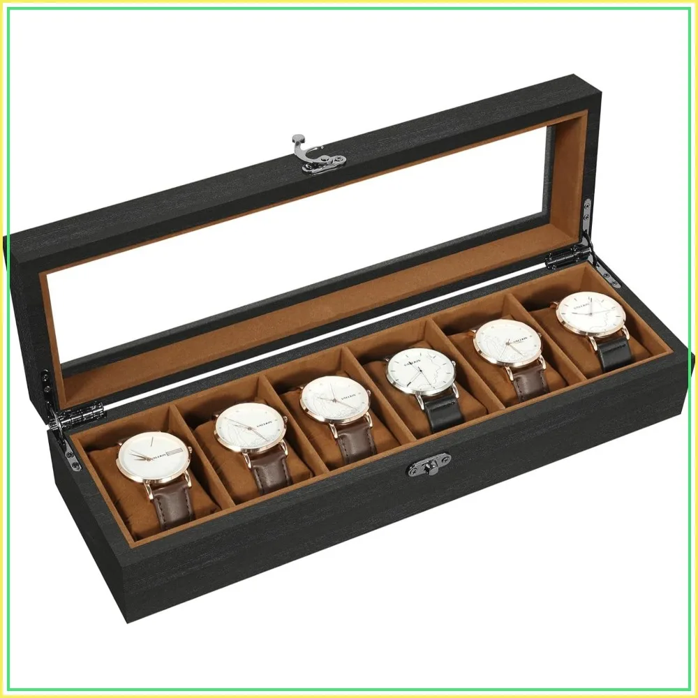 Solid Wood 6-Slot Watch Box with Glass Lid, Velvet Interior, Gift for Men