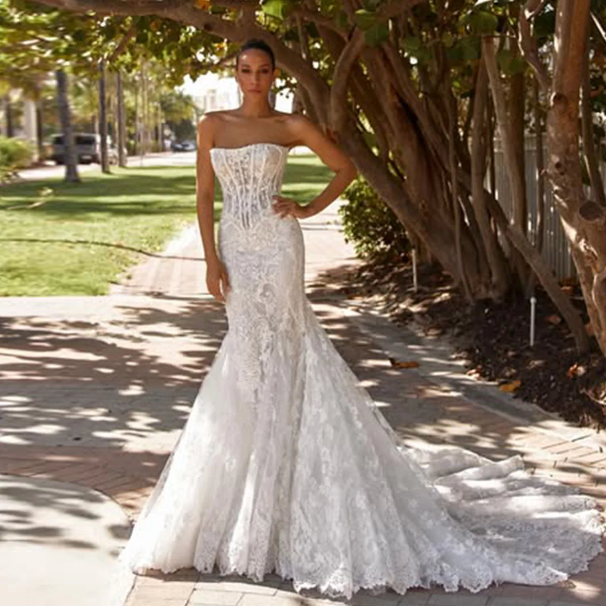 Applique A-Line Wedding Dresses For Girls Pearls For Bride Open Back  3D Flowers Lace Gown Beading Vestido De Novia Customized