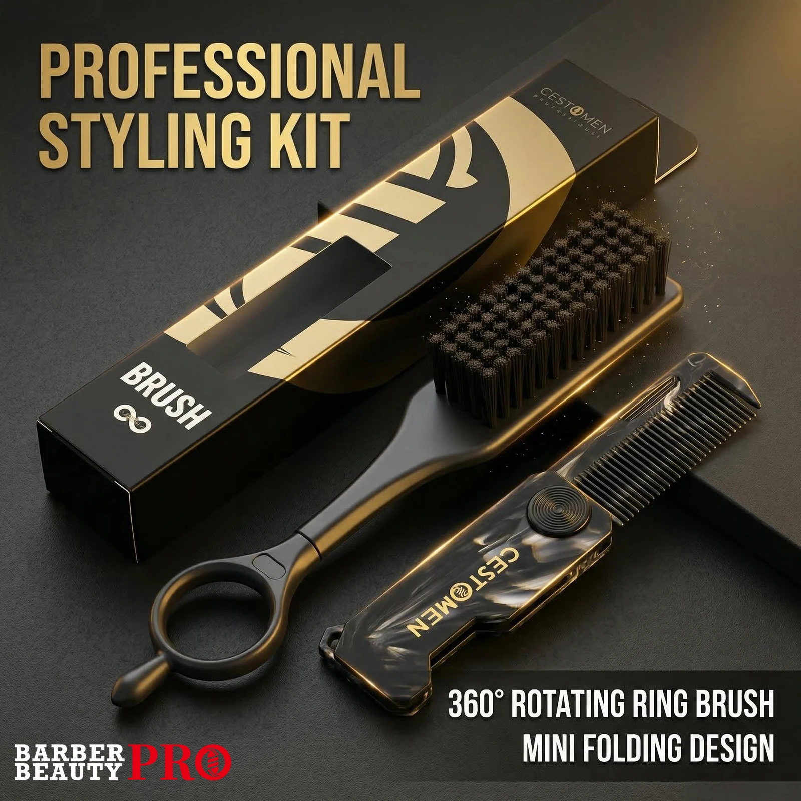 Conjunto de escova de cabelo de barbeiro de 2 unidades e mini pente de barba dobrável - Profissional 360 ° Pente de bolso com escova giratória para barba masculina