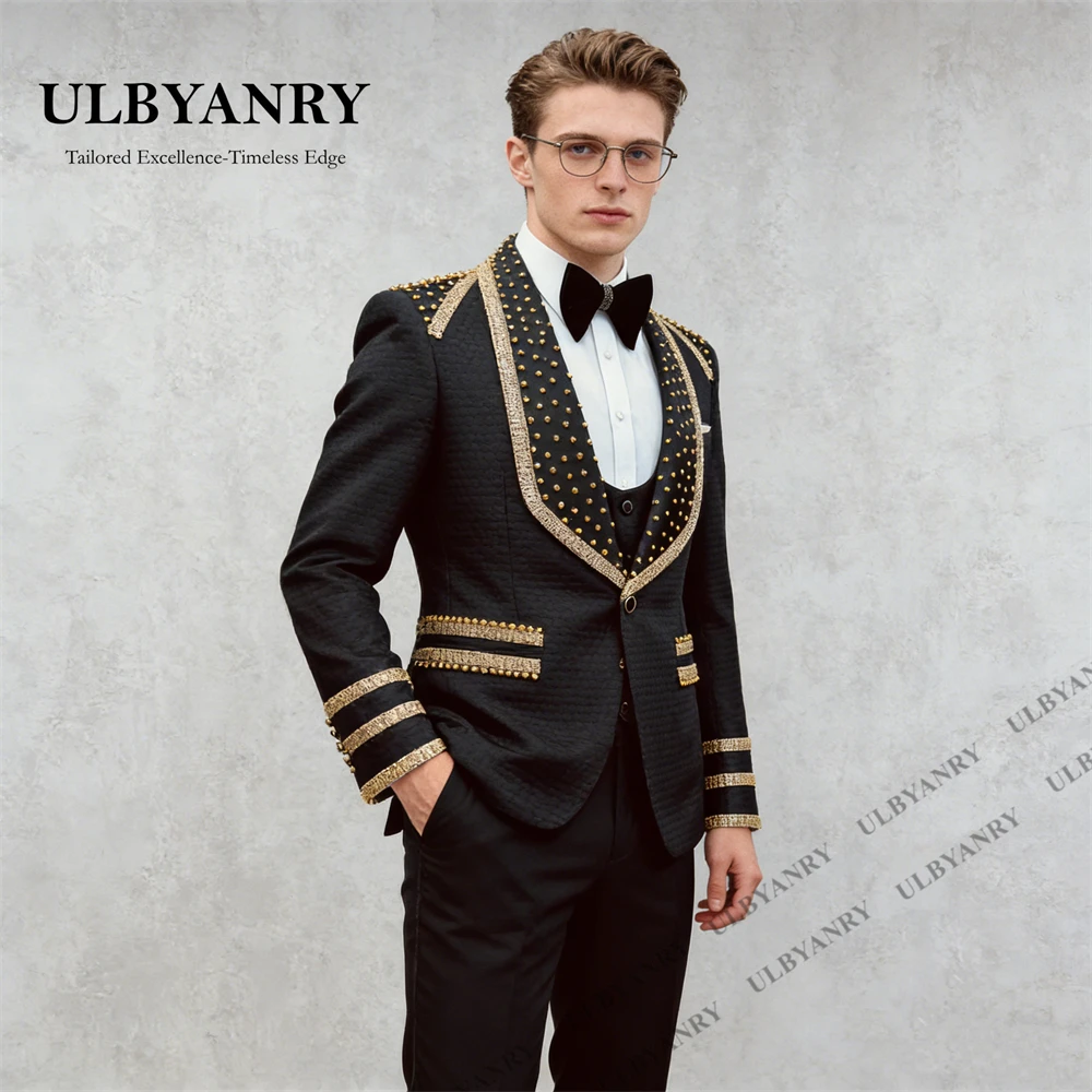 ULBYANRY Men's Luxury 3 Piece Suit (Jacket Vest Pants) Rhinestones Formal Evening Suit Tuxedo Wedding Guest Suit Attire