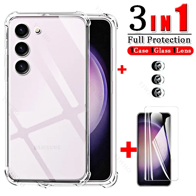 1to6 Samsun S23 Case + Camere Screen Protector Tempered Glass for Samsung Galaxy S 23 22 21 Plus S20fe S21fe S23+ Protect Fundas