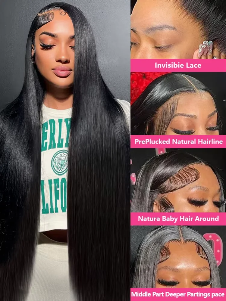 250 Density 40 Inch Bone Straight Human Hair Lace Frontal Wigs 13x4 HD Lace Front Human Hair Wigs PrePlucked For Women