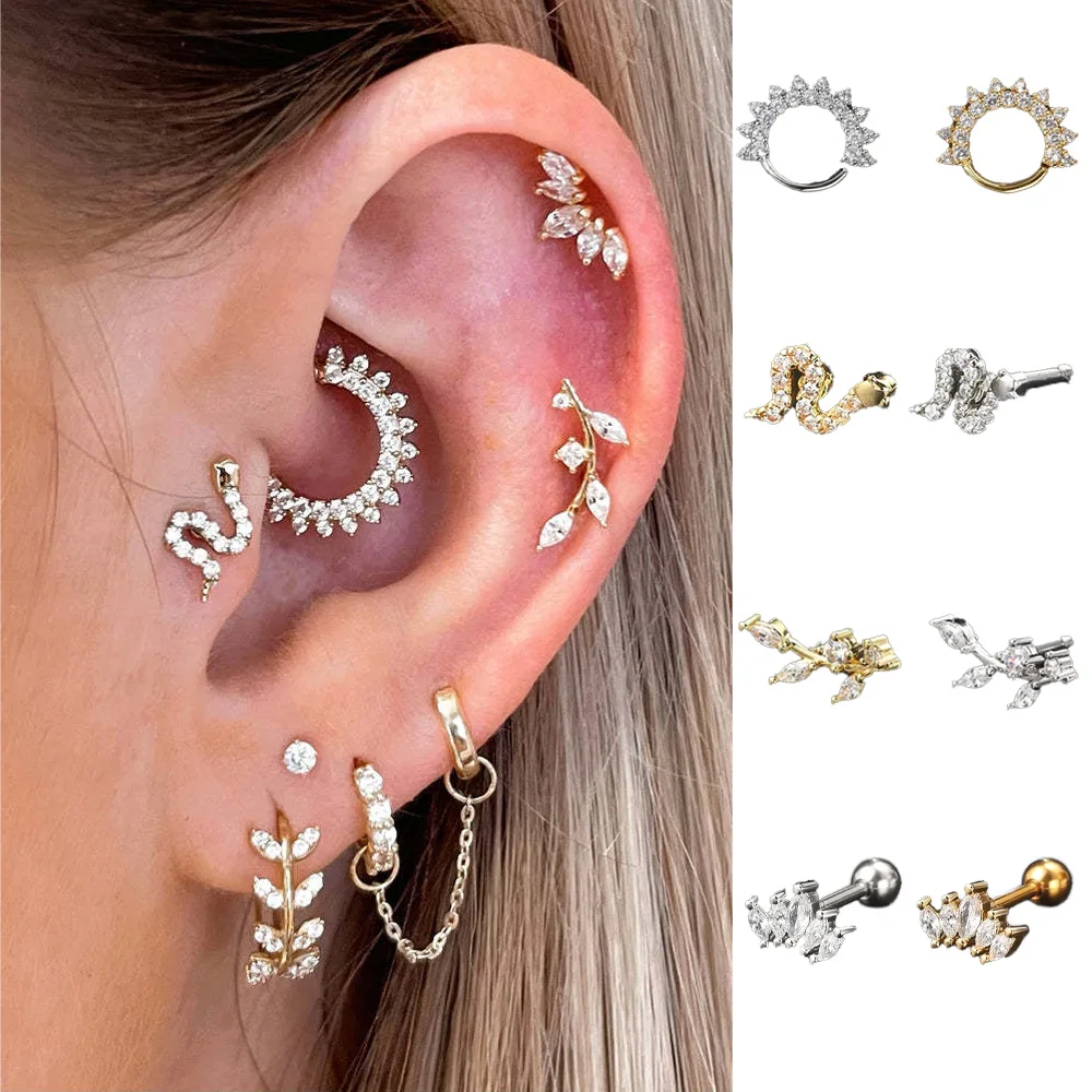 Pendant Tragus Ear Cartilage Daith Septum Piercing Earring Stainless Steel Zircon Snake Shaped Women Y2k Jewelry