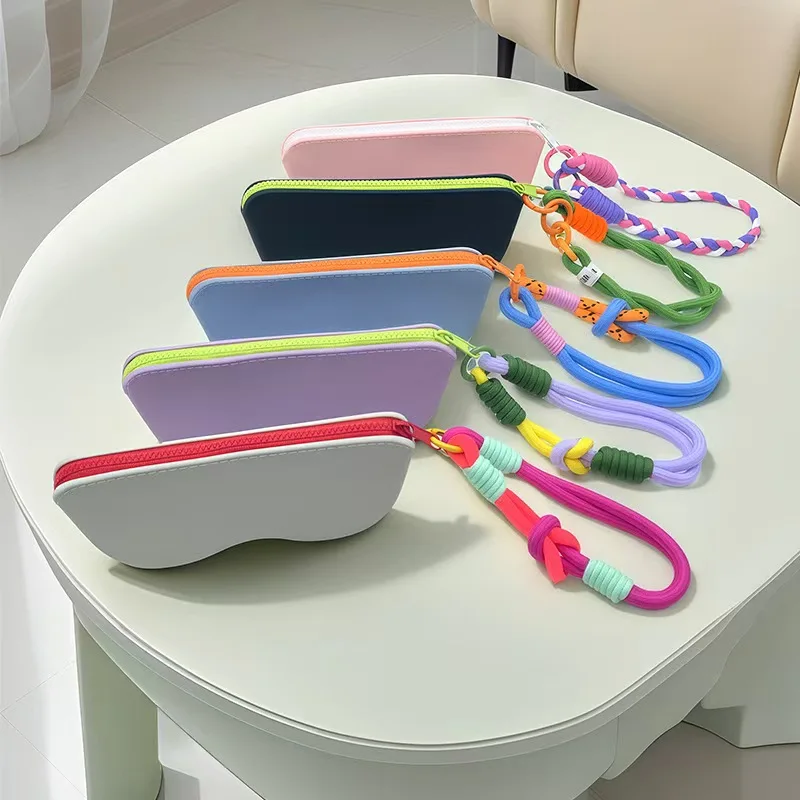 Silicone Glasses Protective Bag Color Matching Zipper Eyewear Holder Detachable Braided Lanyard Portable Travel Sunglasses Case