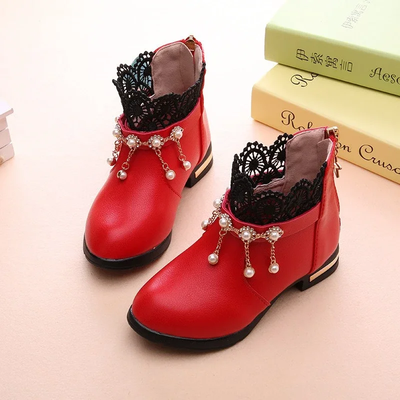 Autumn Winter Girls Boots Kids Ankle Boots With/Without Cotton 2 Designs Children's Princess Boots For Big Girl Beaded