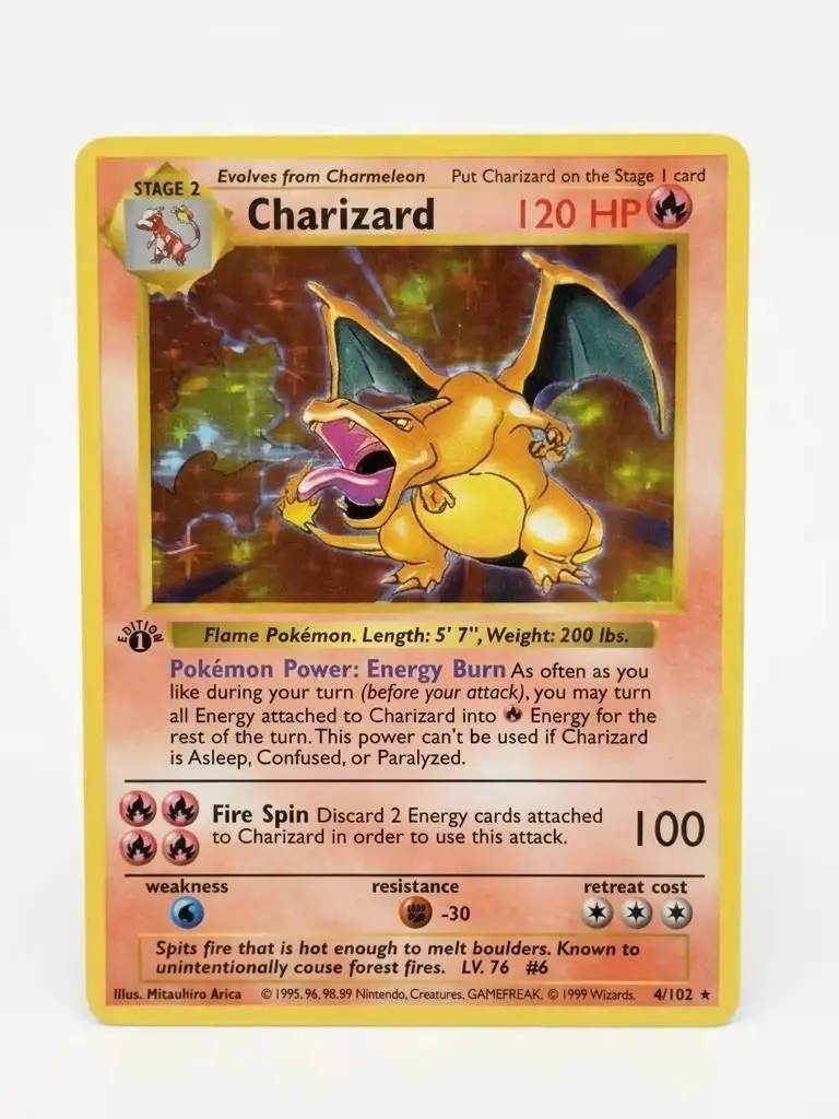 1999 Charizard 4/102 1. edycja zestawu podstawowego, rzadki, nie-holo, vintage, Mitsuhiro Arita, WOTC, typ ognia, kolekcjonerski prezent. — 2