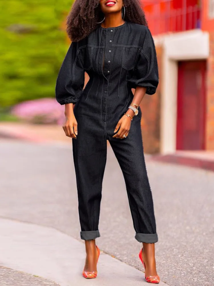 Gymystars Fashion Denim Jumpsuit for Women Puff Sleeve Holiday Outfit Loose Round-Neck Button High Street Ladies Romper Jeans