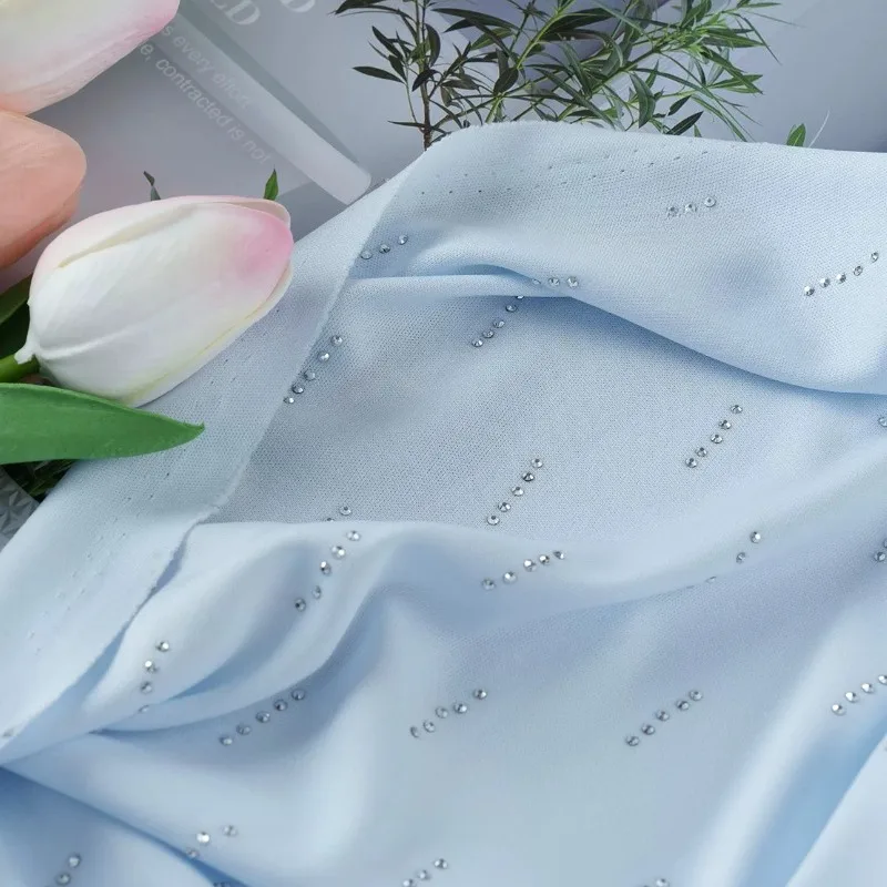 1meter Light Blue Raindrop Pattern Sparkling Rhinestone Stretchy Knit Fabric Sequin for Gown Cardigan DIY Sewing Accessories
