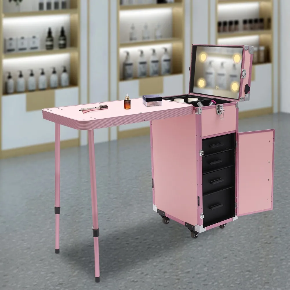 

Modern Freestanding Nail Desk Mobile Station Rolling Makeup Train Case Manicure Table