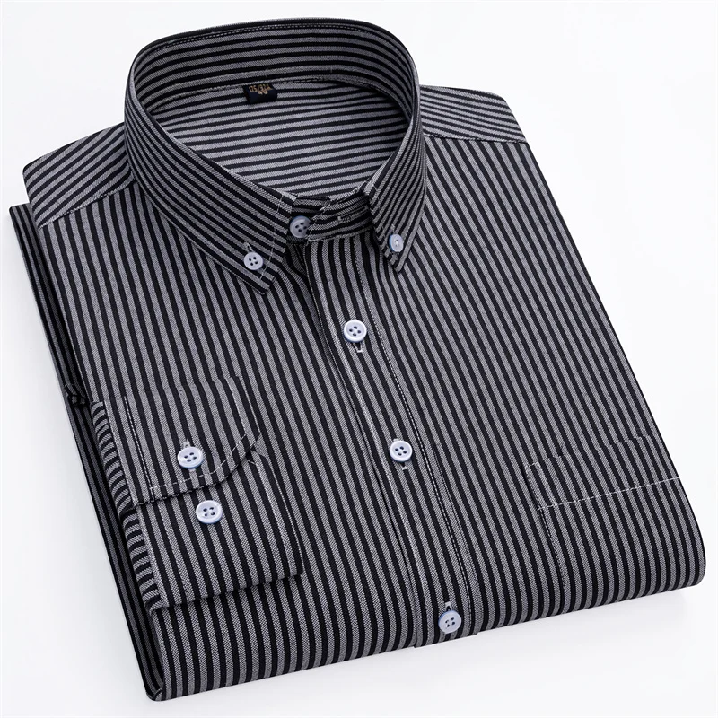 

New Cotton Oxford Men's Shirts Long Sleeves Stripe Thin Soft Regular Fit Formal Dress Shirt Pocket Social Blouse Male Clothes