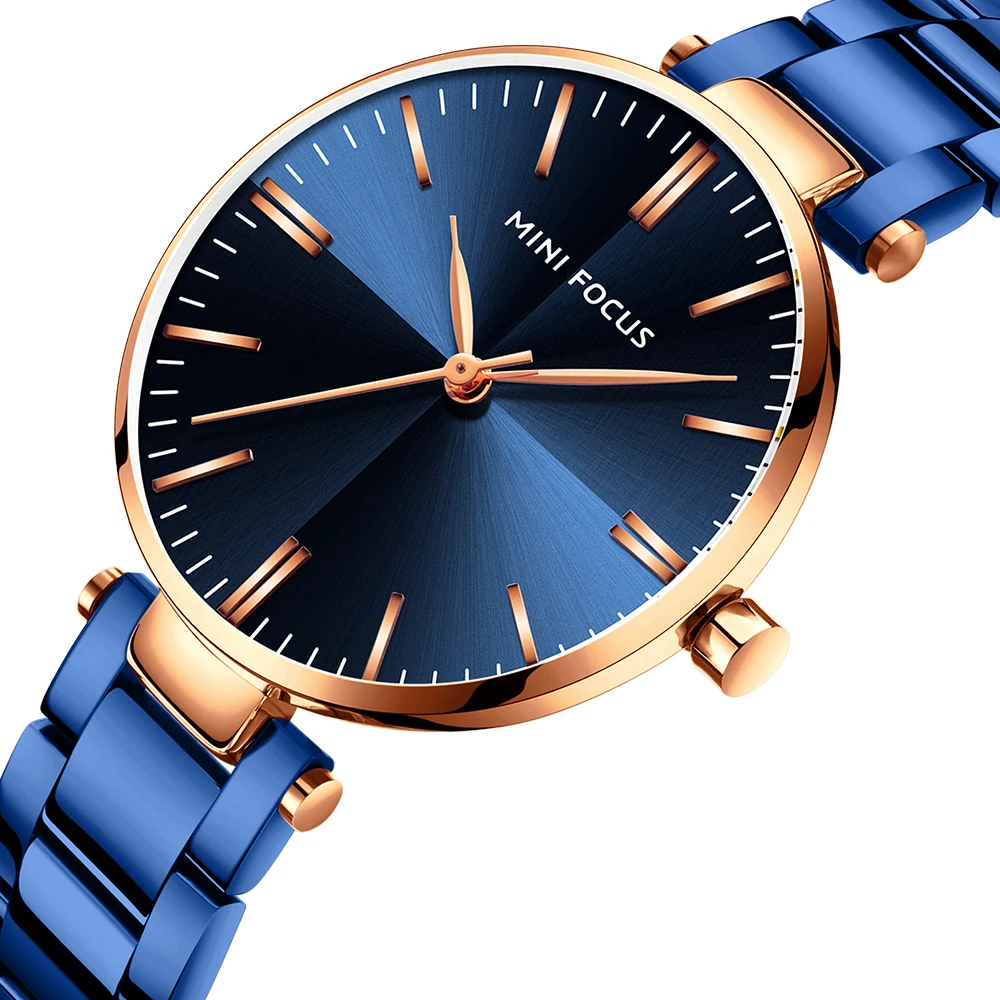 Mini Focus MF0265L elegante reloj de pulsera para mujer moda de lujo banda de acero inoxidable azul relojes de cuarzo impermeables para mujer