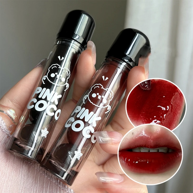 Czarny czerwony szklany błyszczyk do ust Cute Bear Crystal Jelly Mirror Liquid Lipstick Nawilżająca, nie blaknąca, nieprzywierająca pomadka do ust