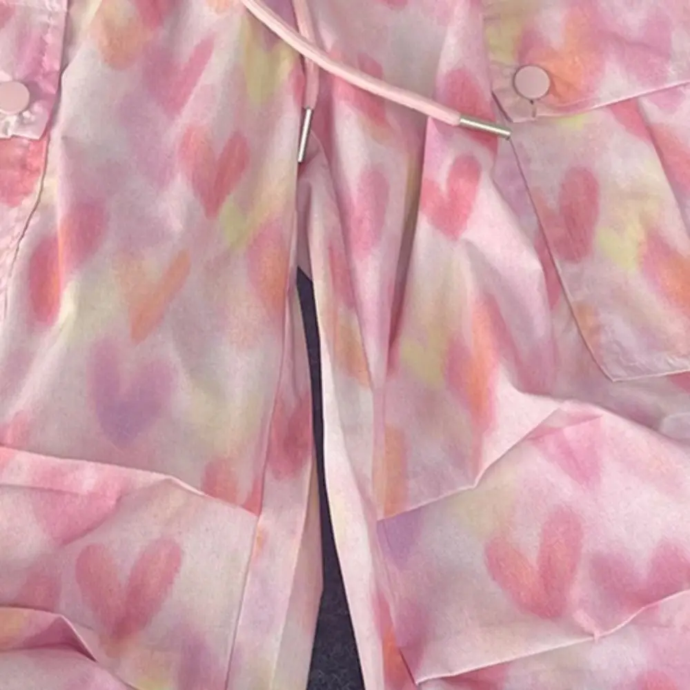 جيوب متعددة السراويل البضائع الفضفاضة ركض الرباط Y2k بنطال ذو قصة أرجل واسعة عالية الخصر الهيب هوب القلب الطباعة السراويل فتاة الطلاب