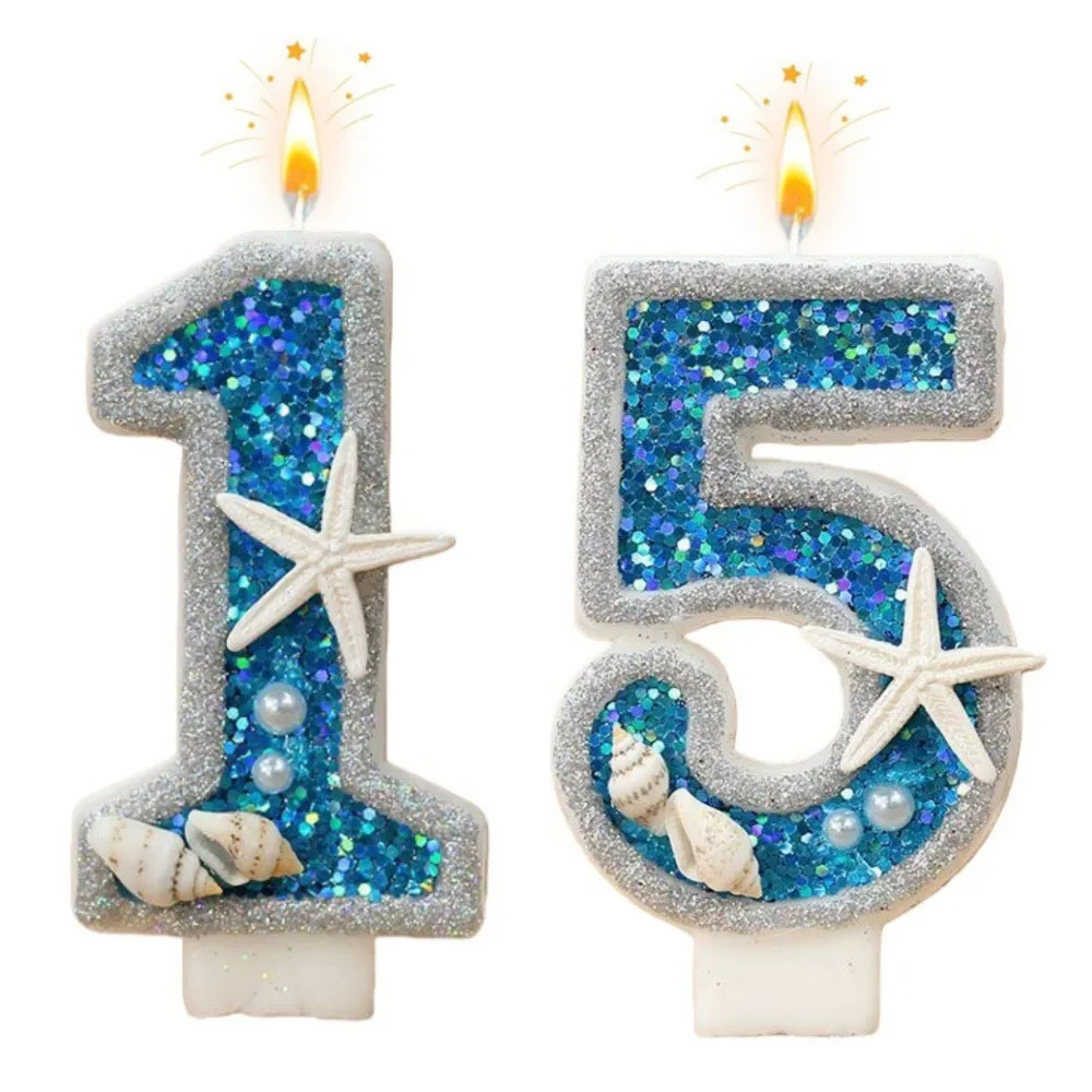 Velas de Cumpleaños Infantiles con Números del 0 al 9, Decoración de Velas con Forma de Estrella de Mar Azul Oceánica para Pasteles, Manualidades para Fiestas de Boda, 1 Pieza