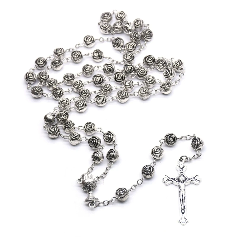 Catholic Rosary Necklace Plastic Rose Flowers Bead Cross Crucifix Pendant Vintage Religious Jewelry for Women Meditation