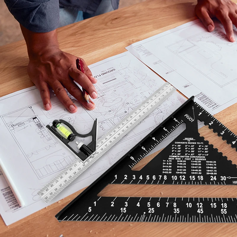 Rafter Ruler and Combination Ruler Tool Set, Triangular Carpentry Square and 12 Inch Ruler - Rafter Ruler Layout Tool