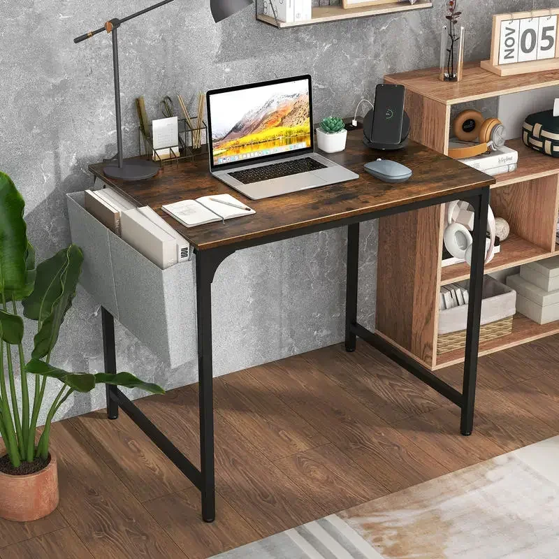 

32 Inch Home Office Desk with Charging Station Storage Bag and Headphone Hook-Rustic Brown