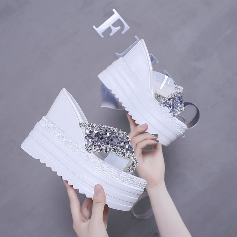 Comemore New Summer Rhinestone Wedges Heel Women Slippers Platform Sequins High Heels Without Back Ladies Shoes Zapatos De Mujer