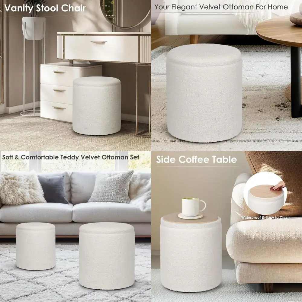 

Multifunctional Storage Ottoman with Velvet Stool, Modern Round Coffee Table for Bedroom and Living Room, Suitable for Dorms in