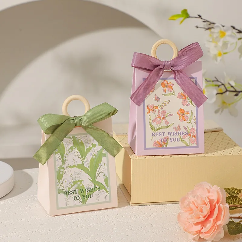 

10 Pcs Paper Gift Bag with Ribbon Handle Wedding Souvenirs Candy Bags for Guest Present Packing Box Marry Accessory Decoration