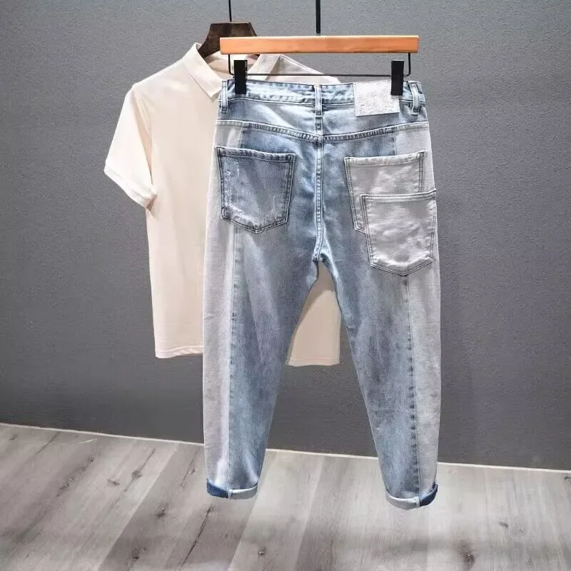 Celana Jeans Pria Model Ripped Distressed Denim Washed Panjang Se-mata Kaki Model Pensil Sambungan Patchwork Skinny Berlubang Gaya High Street
