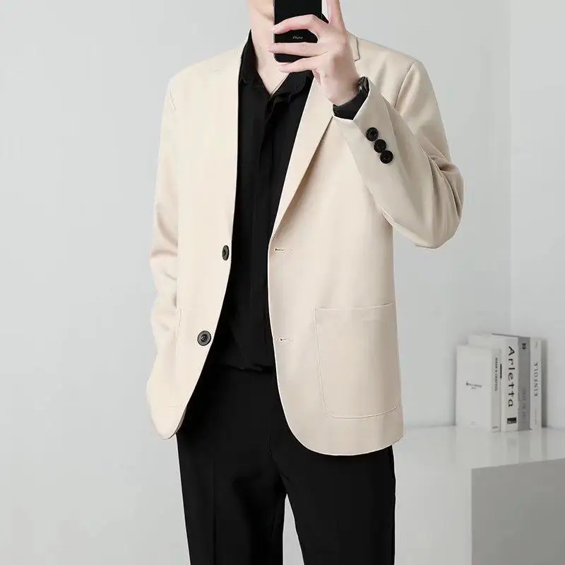 Men Suit Jackets Blazer Coat Slim Fit Smart Casual Autumn New Fashion Clothing Two Buttons Solid Color Korean Black/Khaki/Coffee