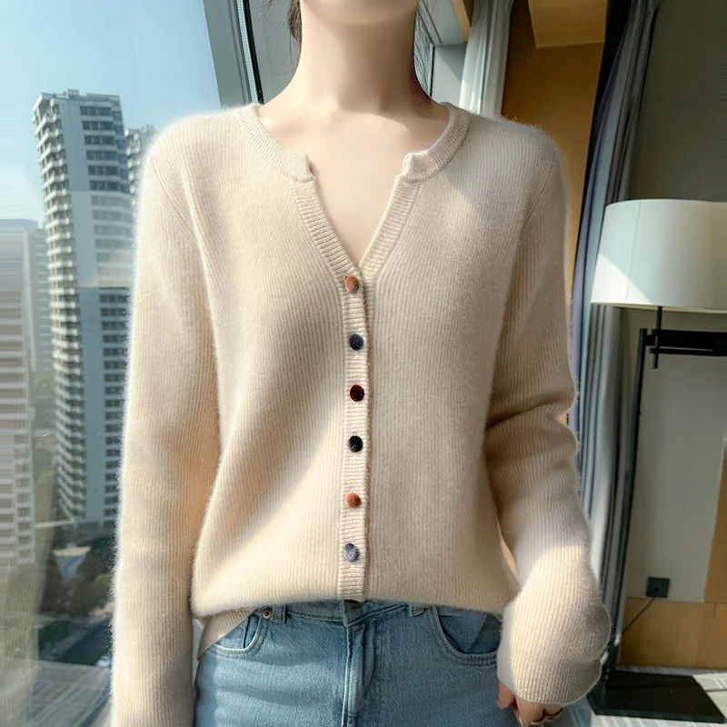 

Свитер из 100% шерсти с половиной шеи, вязаный кардиган на осень и зиму, новый универсальный цветной пряжки, корейская версия, свободный вязаный кардиган