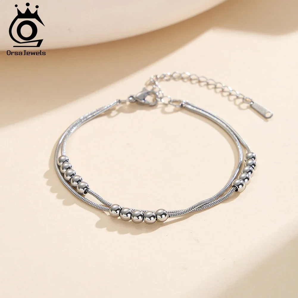

ORSA JEWELS Stainless Steel Double Layered Beads Chain Bracelet for Women Fashion Round Snake Bracelets Dainty Jewelry STCB11