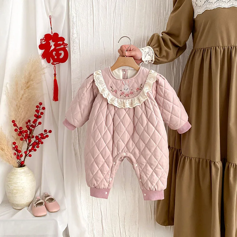 MILANCEL New Winter Baby Rompers Infant Thicking Floral Bunny Jumpsuit Toddler Rhombus Fur Padded One Piece