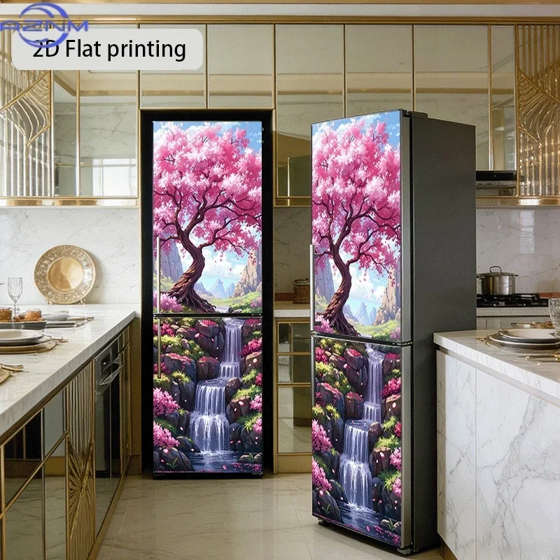 Refrigerator Sticker, Cherry Blossom Stream Theme Design, Self-Adhesive Wall Decal Wallpaper, Suitable for Cabinets and Wardro