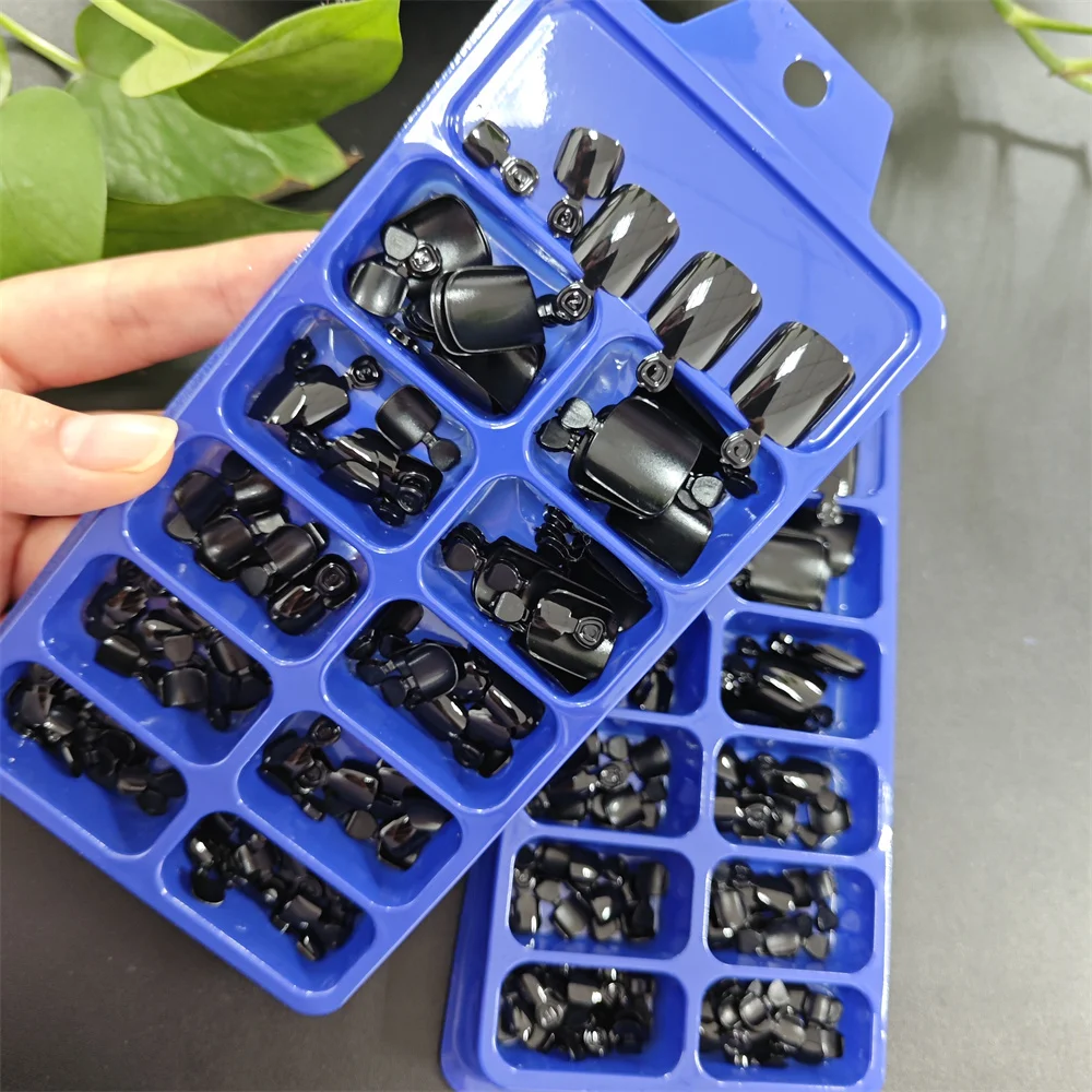 120 STKS Halloween Punk Zwarte Korte Vierkante Teennagels Nagel Tip 5-16mm Vierkant Zwart Glanzend Druk op Teennagels Full-Cover Fake Teen Tips