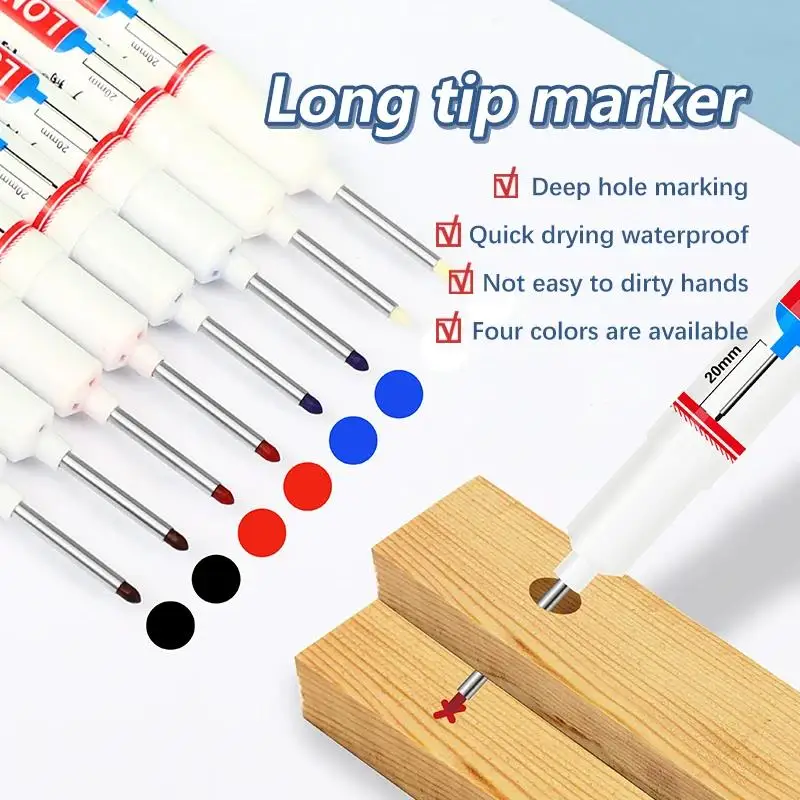 금속 목수용 방수 긴 헤드 마커, 딥 홀 마커 펜, 빨강, 검정, 파랑, 녹색 잉크 목공 도구, 20mm, 세트당 4 개