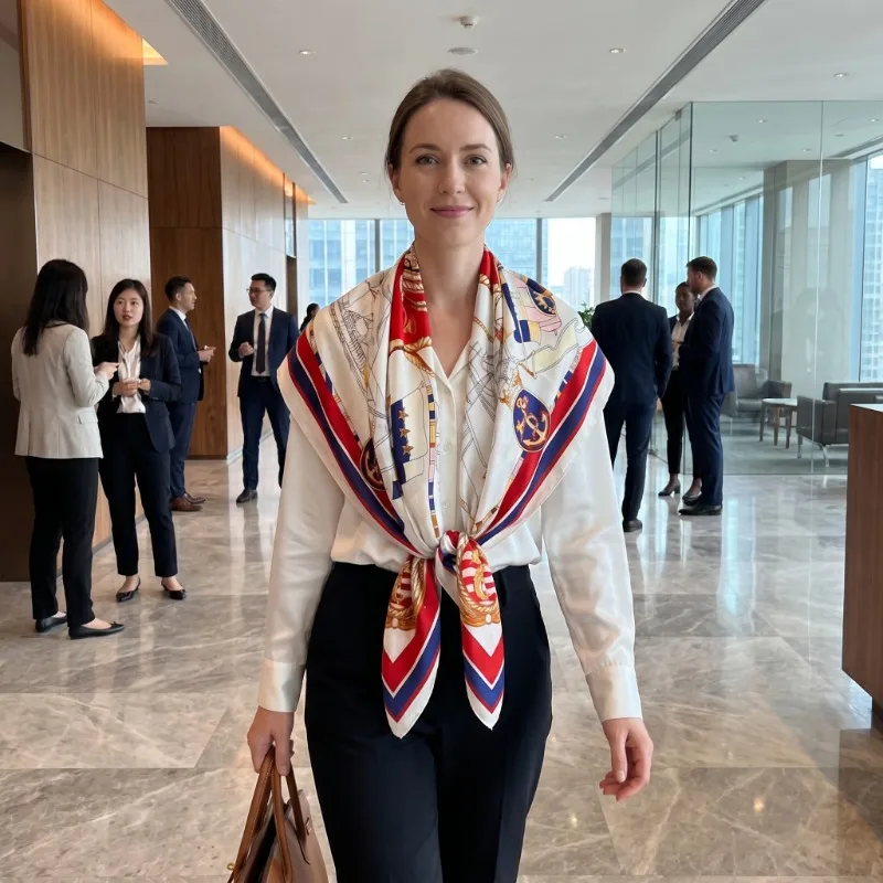 

100% Mulberry Silk Scarf 35" Square Headscarf Women’s Hair Wraps Travel Shawl (88*88cm) With Gift Packed Red Nautical Print
