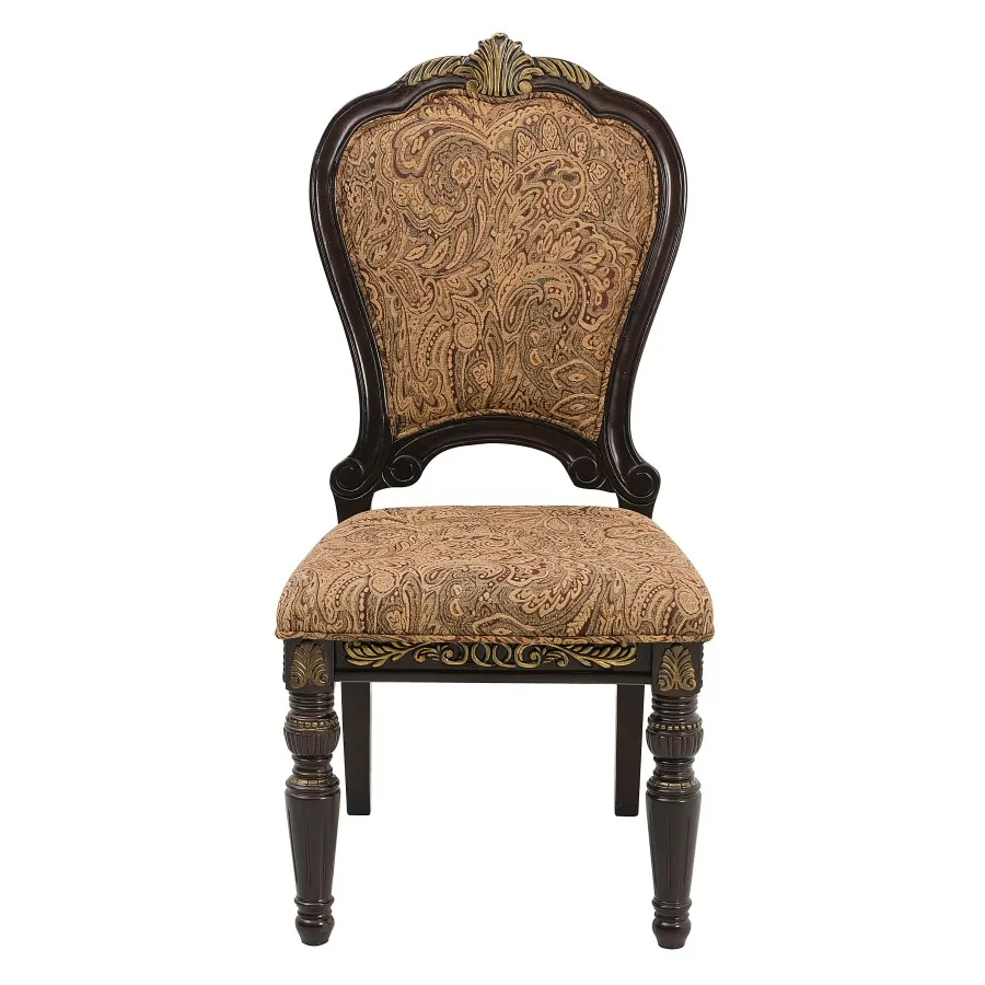 Traditional Formal Side Chairs Set of 2, Cherry Finish with Gold Tipping Jacquard Fabric Upholstery Luxury Dining Furniture