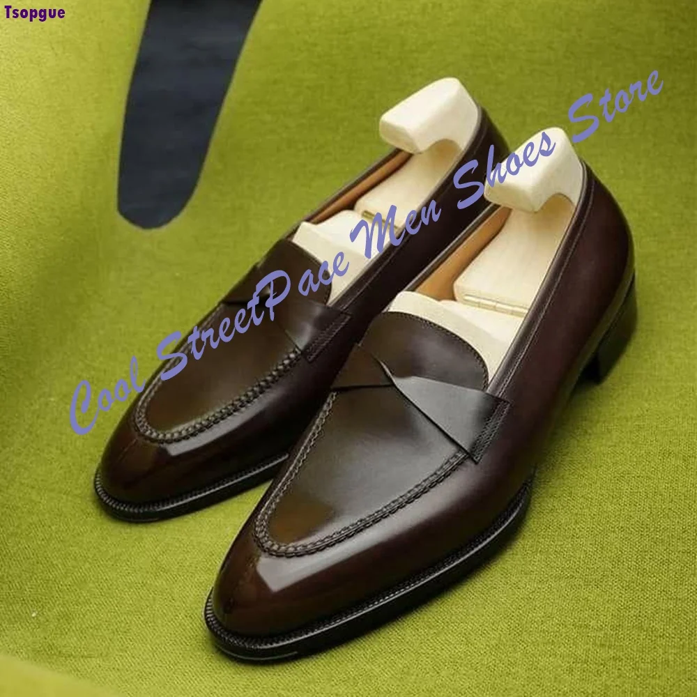 Men Dark Brown Cross Band Loafers Handmade Polished Leather Slip On Wedding Office Dress Men Footwear 2026 Zapatillas Mujers