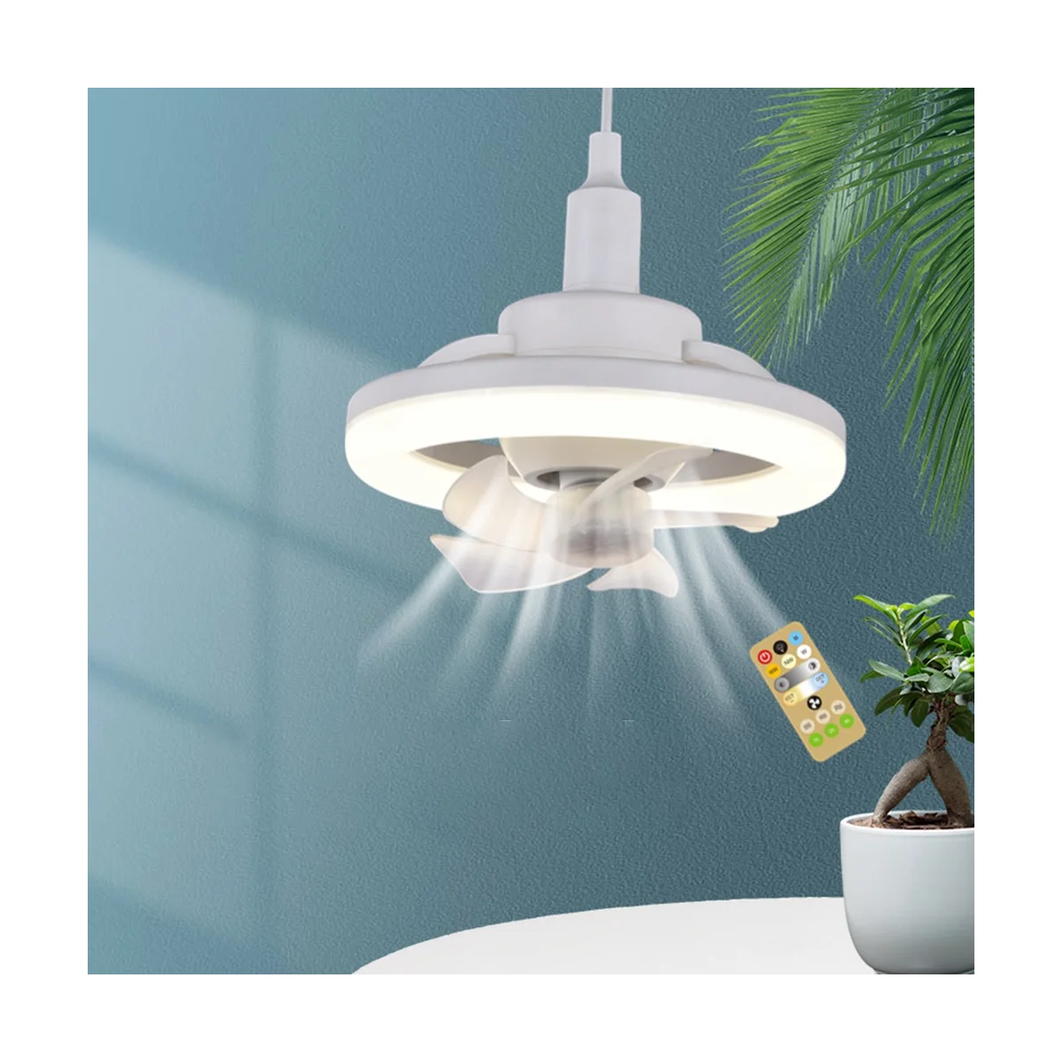 360 ° Rotating Ceiling Fan Light E27 Intelligent Fan with Remote Control LED Fan Light for Living Room Bedroom Top 48W