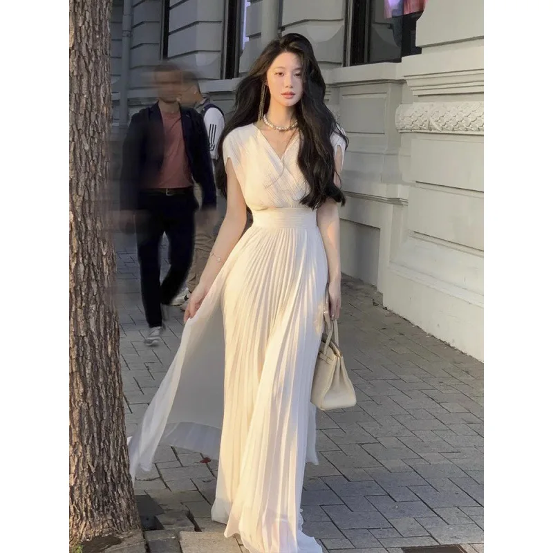 

2024 Summer Solid Pleats Long Dresses French Elegant V Neck Holiday Party Women High Waist Wedding Robe Ladies Clothes