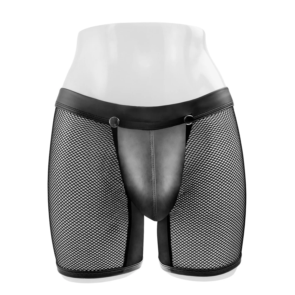 

Men Fishnet Patchwork PU Leather Detachable Pouch Boxer Shorts Underwear Mesh Sheer Hollow Open Rear Underpants