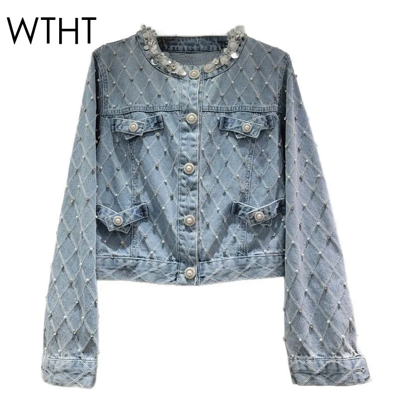 

WTHT New Fashion Women's Spliced Pearl Plaid Design Denim Jacket 2025 Spring Trendy O-neck Long Sleeves Coat Female 1LS1211