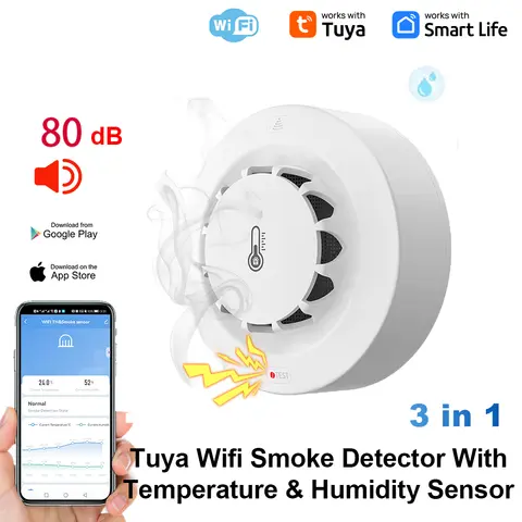 Tuya WiFi 연기 경보 온도 및 습도 감지 3 In1 화재 방지 연기 감지기 센서 스마트 라이프 소방관