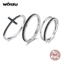 WOSTU Authentic 925 Sterling Silver Finger Stackable Rings With Black CZ For Women Fashion Jewelry Fine Gift FIR114
