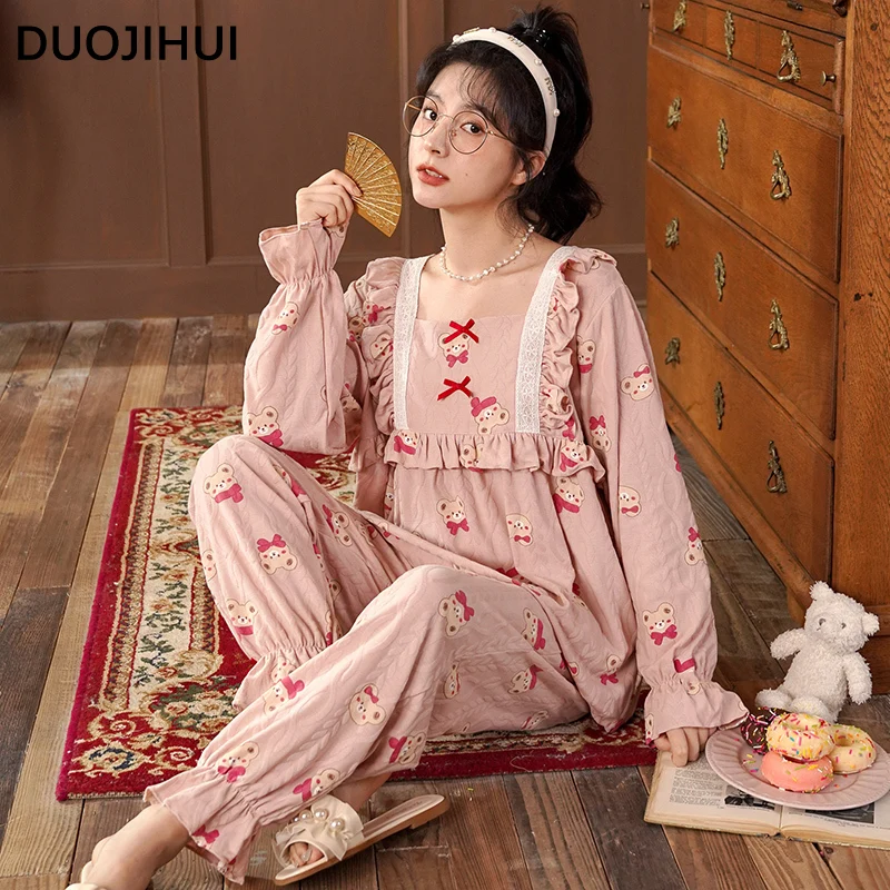 DUOJIHUI New Loose Chic Printed Casual Home Pajamas for Women Sweet Pullover Basic Simple Pant Fashion Autumn Female Pajamas Set