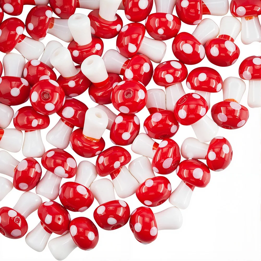 50Pcs Mushroom Handmade Lampwork Beads Strands Red 12.5~14x10~11mm Hole: 1.2~1.5mm