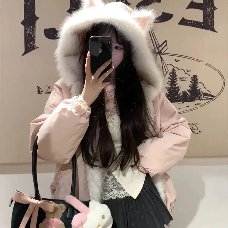 

Kawaii куртка из искусственного меха с капюшоном, женская повседневная одежда Y2k, осенние японские пальто в стиле Харадзюку, женские 2000-х годов, американский винтажный шик